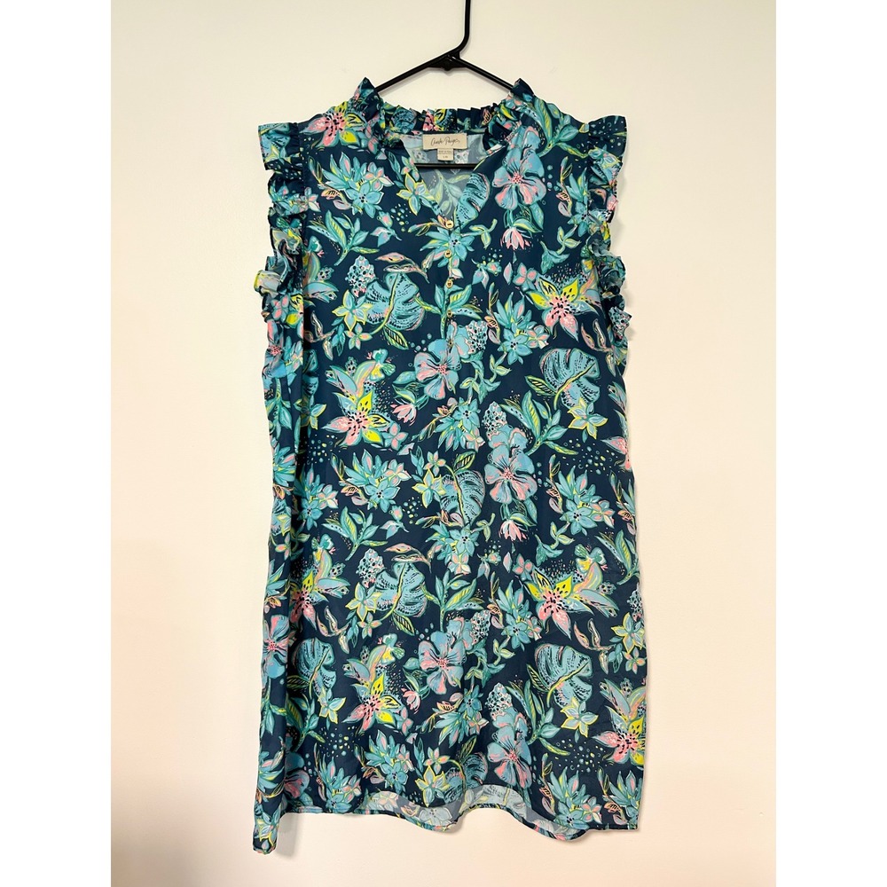 Charlie Paige Womens Navy‎ Blue Tropical Floral Ruffle Shift Dress Large L/G